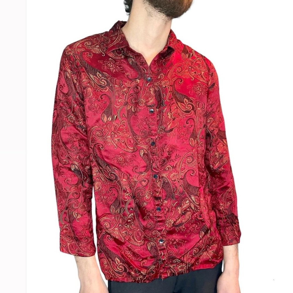 Chico’s Red Paisley Satin Button-Up Top | Size 0 (S/4-6)